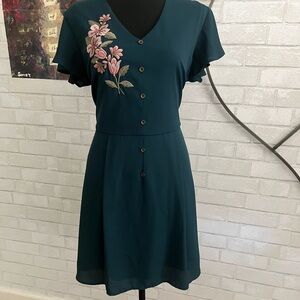 Xhilaration Teal Dress with Pink Floral Embroidery